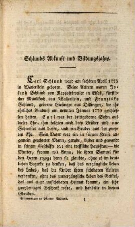 Erinnerungen an Carl Schlund, Pfarrer zu Marktoffingen im Riese : ein Beytrag zur Bildung der Geistlich-Geistlichen