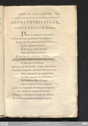 L'Ours Prédicateur. Fable XXXIII. & derniere.