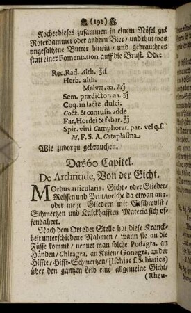 Das 60. Capitel. De Arthritide, Von der Gicht – Das 71. Capitel. De Lue Venerâ. Von den Frantzosen oder Spanischen Bocken