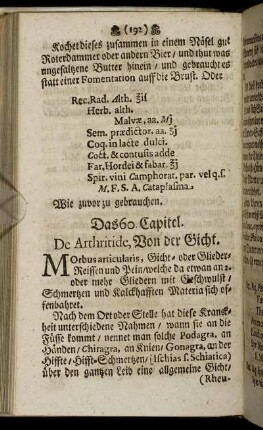 Das 60. Capitel. De Arthritide, Von der Gicht – Das 71. Capitel. De Lue Venerâ. Von den Frantzosen oder Spanischen Bocken