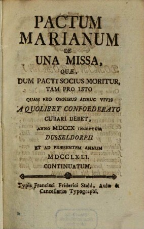 Pactum Marianum de una missa. 1791
