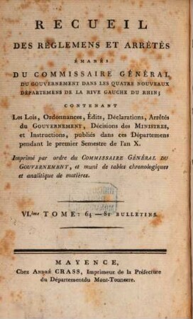 Recueil des réglemens et arrêtés émanés du Commissaire Géneral du Gouvernement dans les Quatre Nouveaux Départemens de la Rive Gauche du Rhin, 6. [1802] = Bulletin 64 - 81