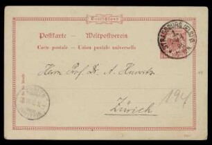 Nr. 12: Postkarte von Hermann Minkowski an Adolf Hurwitz, Straßburg, 24.8.1896