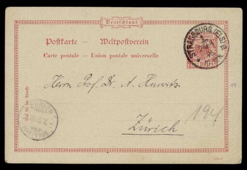 Nr. 12: Postkarte von Hermann Minkowski an Adolf Hurwitz, Straßburg, 24.8.1896