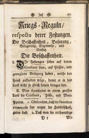 Kriegs-Reguln, respectu derer Festungen. Die Beschaffenheit, Besatzung, Belagerung, Gegenwehr, und Entsatz.