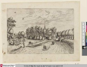 [Farm, horseman and walkers in the foreground; Bauernhof mit Reiter im Vordergrund]