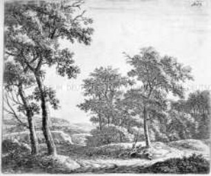 Zwei Hirten mit Hunden unter einem Baum rastend am Weg (Nr. 5 einer Folge Landschaften, quadratisch, links oder rechts oben numeriert)