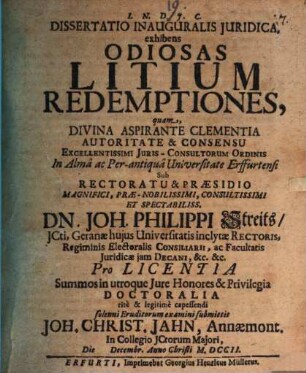 Dissertatio Inauguralis Juridica, exhibens Odiosas Litium Redemptiones