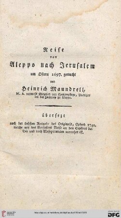 Reise von Aleppo nach Jerusalem um Ostern 1697 gemacht von Heinrich Maundrell