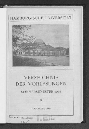 SS 1933: Verzeichnis der Vorlesungen // Hamburgische Universität