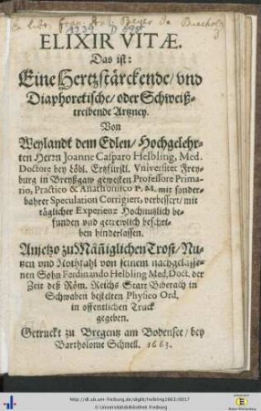 Elixir Vitae, Das ist: Eine Hertzstärckende vnd Diaphoretische oder Schweißtreibende Artzney