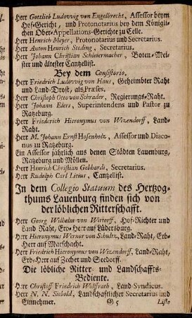 In dem Collegio Statuum des Hertzogthums Lauenburg finden sich von der löblichen Ritterschafft. - Königliche und Chur-Fürstliche Post-Meistere.