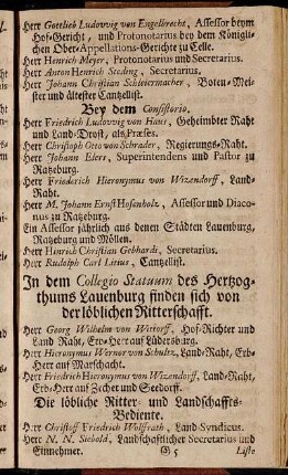 In dem Collegio Statuum des Hertzogthums Lauenburg finden sich von der löblichen Ritterschafft. - Königliche und Chur-Fürstliche Post-Meistere.
