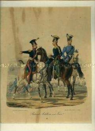 Soldat und Offizier der Reitenden Artillerie, Offizier der Reitenden Artillerietrain-Brigade. Aus Kunstdruckmappe "Uniformen der Königlich Sächsischen Armee" 1832.