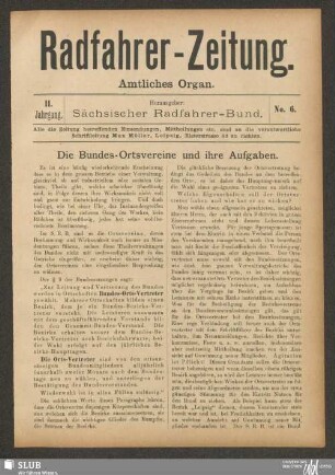 Radfahrer-Zeitung : illustrierte Fachzeitschrift für den Radfahrsport : amtliches Organ des Sächsischen Radfahrer-Bundes