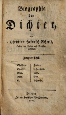 Biographie der Dichter, Zweyter Theil. Shakspear. Spenser. Prior. Pyra. Uz. Pindar. v. Hagedorn. Rost. Gay. Lichtwehr