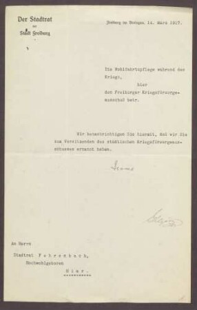 Ernennung von Constantin Fehrenbach zum Vorsitzenden des Freiburger Kriegsfürsorgeausschusses, 1 Schreiben
