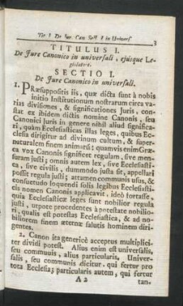 Sectio I. De Iure Canonico in universali
