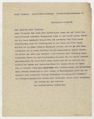 Briefentwurf und Brief von Raoul Hausmann an [Unbekannt]. Berlin
