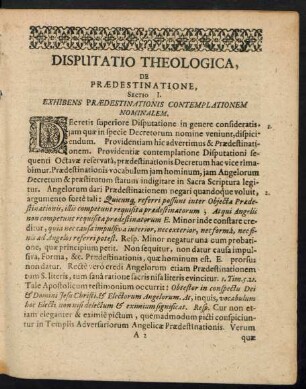 Disputatio Theologica, De Praedestinatione, Sectio I. Exhibens Praedestinationis Contemplationem Nominalem.