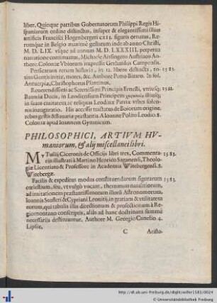 Philosophici, Artivm Hvmaniorum, & alij miscellanei libri.