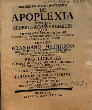 Dissertatio Medica Inavgvralis De Apoplexia Eivsqve Generosioribvs Remediis