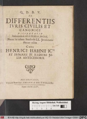De Differentiis Iuris Civilis Et Canonici Dissertatio