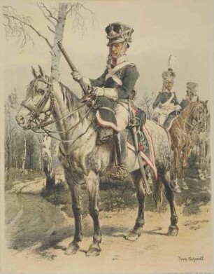 Kronprinz-Dragoner 1809, Erinnerungsblatt zum 100-jährigen Regimentsjubiläum, drei Dragoner zu Pferd, einer mit Gewehr