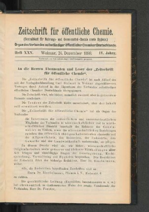An die Herren Abonnenten und Leser der "Zeitschrift für öffenltiche Chemie".