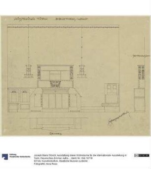 Ausstattung dreier Wohnräume für die internationale Ausstellung in Turin, Hessisches Zimmer, Aufriss der Bibliothekswand sowie Grundriss und Aufriss des Bibliotheks Schrankes