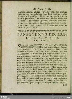 Panegyricus Decimus, In Natalem Regis. A. MDCCVI.