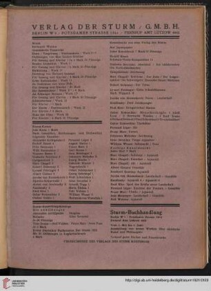 Verlag Der Sturm / Musik / Sturm-Karten / Sturm-Ausstellungskataloge / Kunstdrucke / Sturm-Buchhandlung
