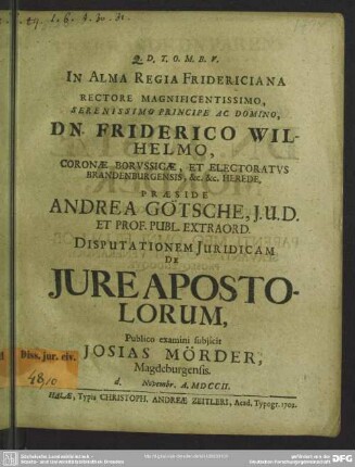 In Alma Regia Fridericiana Rectore Magnificentissimo ...