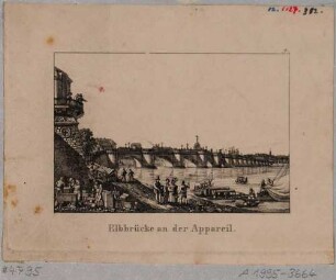 Die Elbbrücke (alte Augustusbrücke, 1727-31 von Pöppelmann) in Dresden, Blick vom Ausschiffungsplatz an der Elbe, unterhalb der Brühlschen Terrasse nach Nordwesten auf die Neustadt