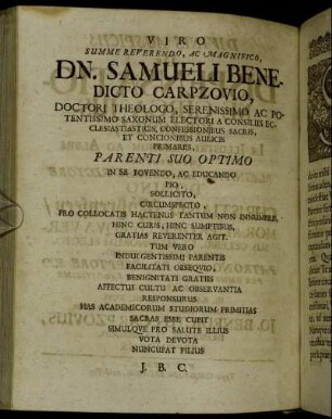 Viro Summe Reverendo, Ac Magnifico, Dn. Samueli Benedicto Carpzovio [...]