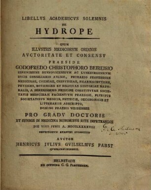 Libellvs Academicvs Solemnis De Hydrope