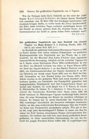 268-269 [Rezension] Rahner, Hugo, Die gefälschten Papstbriefe aus dem Nachlaß von Jérôme Vignier