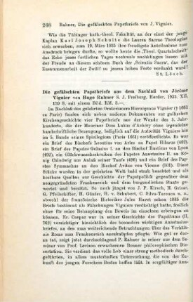 268-269 [Rezension] Rahner, Hugo, Die gefälschten Papstbriefe aus dem Nachlaß von Jérôme Vignier