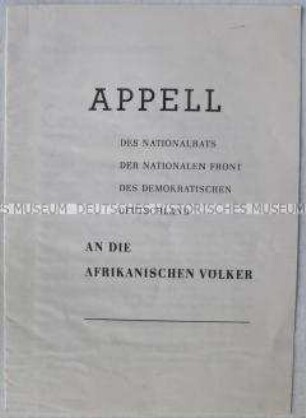 Flugschrift mit dem Wortlaut eines Appells des Nationalrates der Nationalen Front an die Völker Afrikas