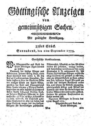 35stes Stück. Sonnabend, den 2ten September 1775.