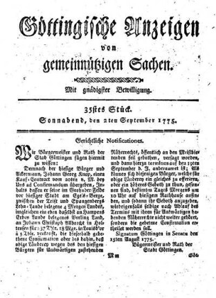 35stes Stück. Sonnabend, den 2ten September 1775.