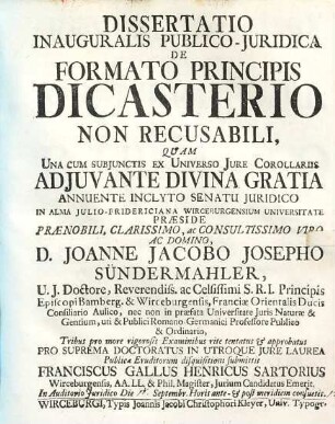 Dissertatio Inauguralis Publico-Iuridica De Formato Principis Dicasterio Non Recusabili