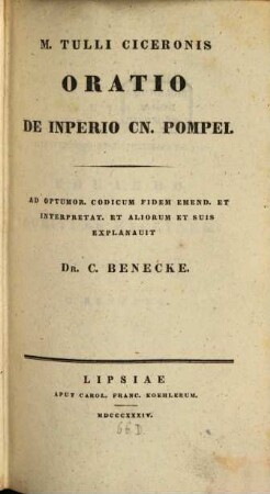 M. Tullii Ciceronis oratio de imperio Cn. Pompei