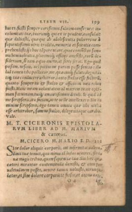 M. T. Ciceronis Epistolarum Liber Ad M. Marium & caeteros.