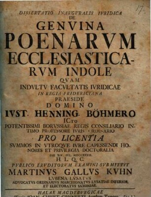 Diss. inaug. iur. de genuina poenarum ecclesiasticarum indole