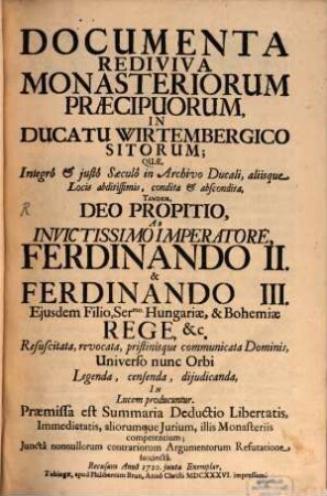 Documenta rediviva Monasteriorum praecip. in Ducato Wirtembergico sitorum. 1