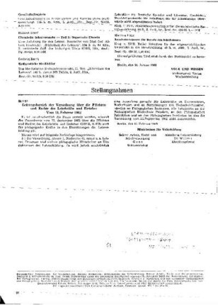 Geltungsbereich der Verordnung über die Pflichten und Rechte der Lehrkräfte und Erzieher : 1/63 vom 11. Februar 1963 ; [Stellungnahmen]