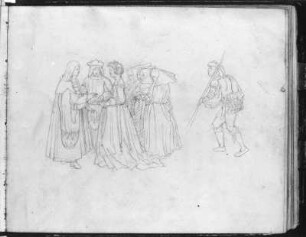 Studien nach dem Werk des Petrarca-Meisters : Rietschel, Ernst. Studien, nach dem Werk des Petrarca-Meisters "M. T. Ciceronis officia, ein Buch zu seinem Sune Marco, in teutsche Reime gebracht" (Augsburg 1531). Skizzenbuch B, fol. 9. Bleistift; 16,7 x 20,6 cm (Blattgröße). Um 1825/1830/1831. Privatbesitz. WVZ S. 293