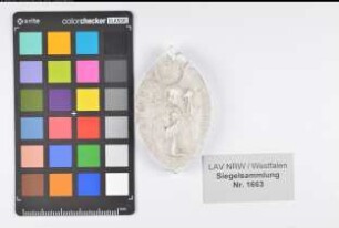 Siegler: Osnabrück, Bischof Widekind von Überlieferungsart: Nachbildung. Stoff: Gips Farbe: ungefärbt Form: spitzoval. Durchmesser: 67 mm Art: Typ: Umschrift: