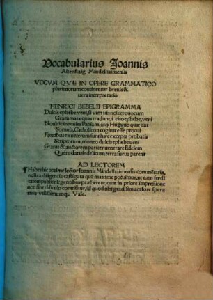 Vocabularius Joannis Altenstaig Mindelhaimensis : Vocum Quae In Opere Grammatico plurimorum continentur brevis & vera interpretatio
